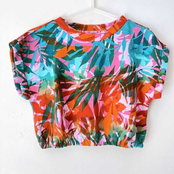 NEW! JUICY COUTURE Tropical Palm Print French Terry Roll Cuff Crop Top, Size M - Picture 5 of 11